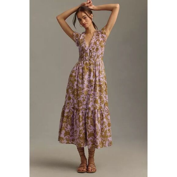 Anthropologie The Peregrine Midi Purple Brown Floral Maxi Dress | Size XXSP - Picture 1 of 11
